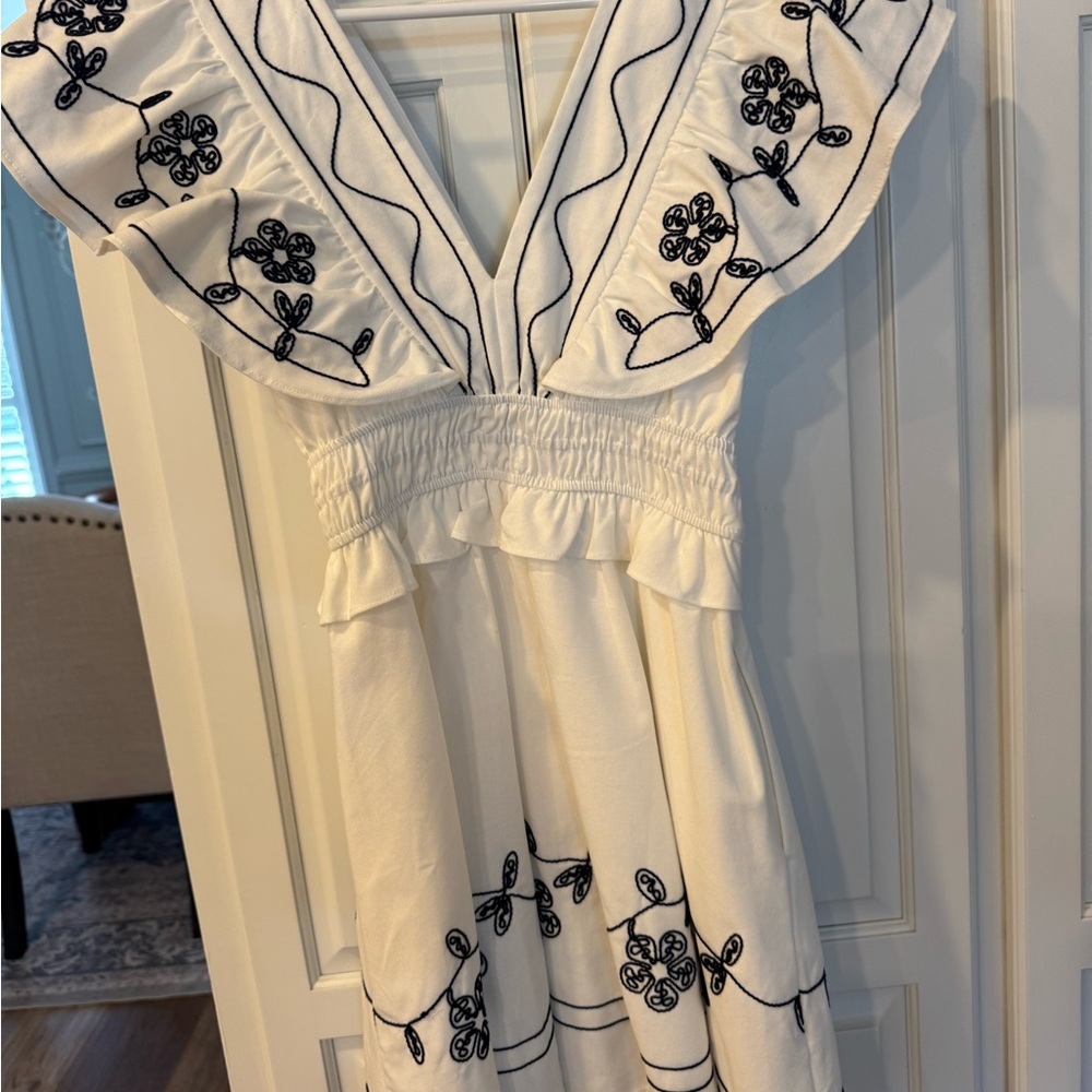 White Dress with Black Floral Embroidery